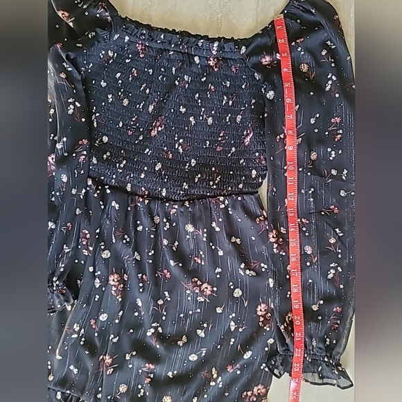 As U Wish Black Floral Print Cottage Core Boho Ruffle Hem Smock Dress Sz L EUC - Picture 9 of 9